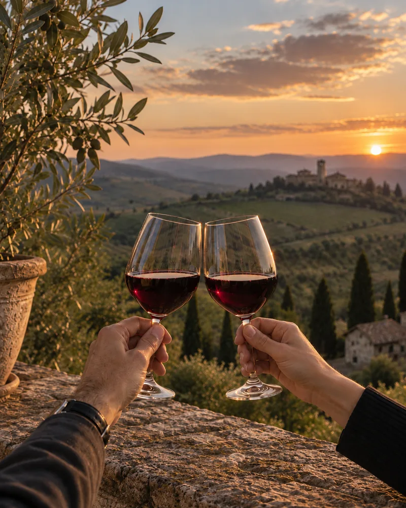 Duas mãos brindando com taças de vinho tinto sobre um muro de pedra ao pôr do sol, com uma oliveira em vaso à esquerda e, ao fundo, colinas com vinhedos, ciprestes e um vilarejo antigo.