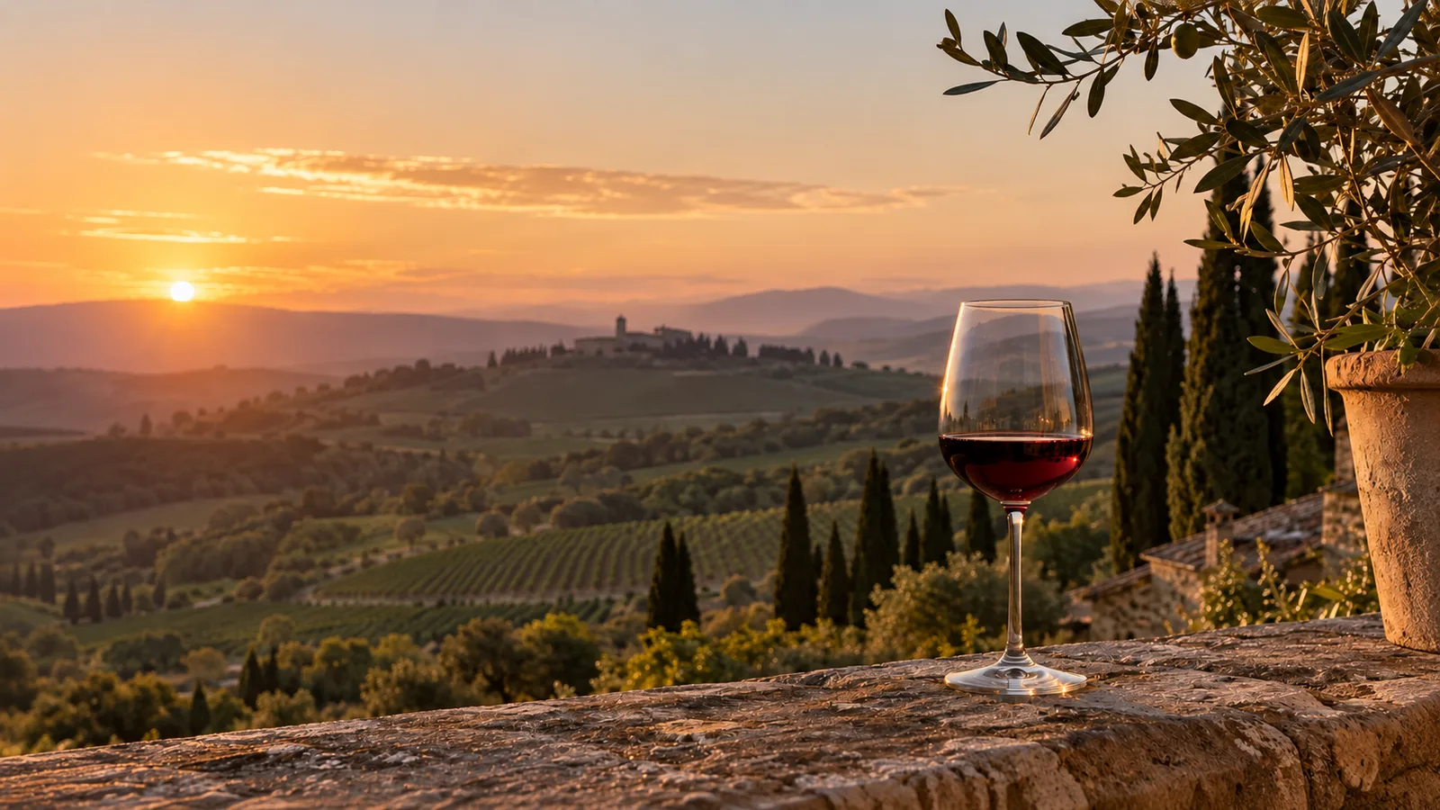 Taça de vinho tinto sobre um muro de pedra ao pôr do sol, com o sol baixo no horizonte à direita. À esquerda, galhos de uma oliveira em vaso de barro. Ao fundo, colinas com ciprestes, vinhedos e uma construção antiga no topo de um morro.